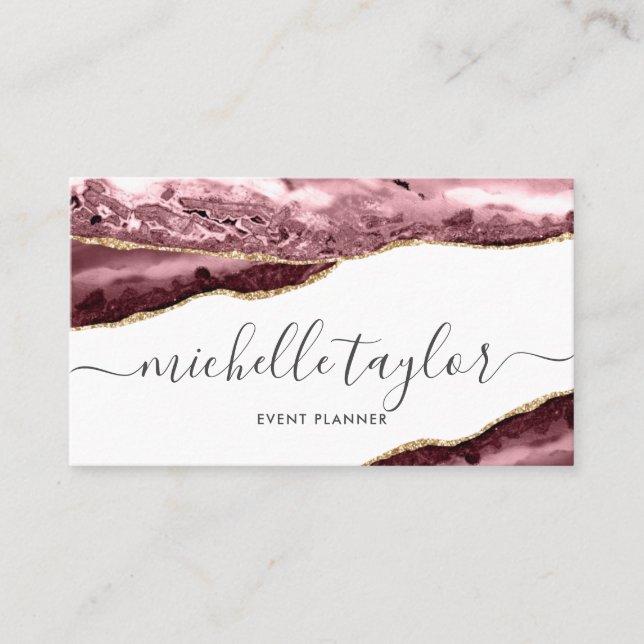 Minimalist modern purple agate signature script business card (Front)