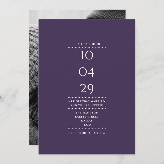 Minimalist Modern Purple Photo Wedding Date Invitation (Front/Back)