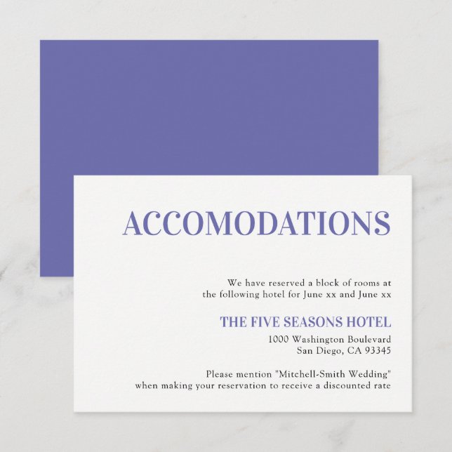 Minimalist Modern Purple Wedding Accommodation Enclosure Card (Front/Back)