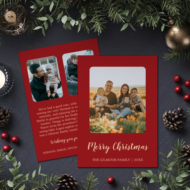 Minimalist Modern|Red 3 Photo Christmas Newsletter Holiday Card (Creator Uploaded)