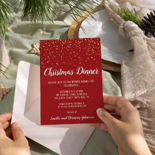Minimalist Modern Red Confetti Christmas Dinner Invitation