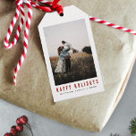 Minimalist & Modern Red Family Photo Gift Tags<br><div class="desc">This simple and modern family Christmas tag features a place for you to add your names and a main photo,  alongside ‘Happy Holidays’ in beautiful and elegant typography,  and a red Christmas tree pattern on the back. The perfect minimalist xmas holiday tag for any family member this winter!</div>