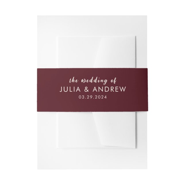 Minimalist modern red maroon fall wedding  invitation belly band (Front Example)