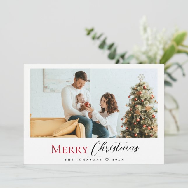 Minimalist Modern Red Merry Christmas Script Photo Holiday Card (Standing Front)