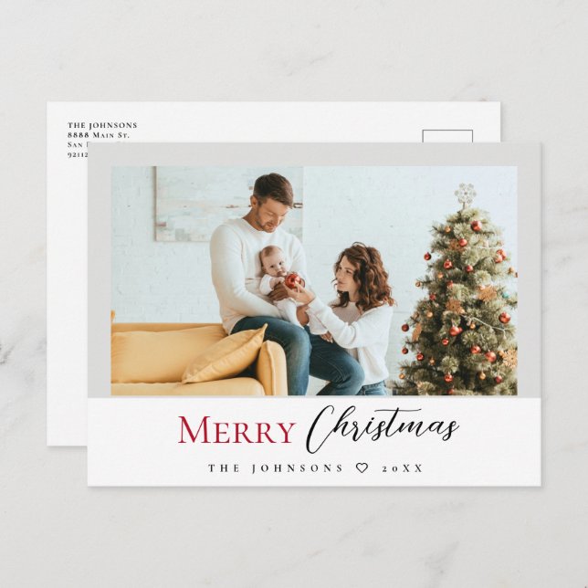 Minimalist Modern Red Merry Christmas Script Photo Holiday Postcard (Front/Back)