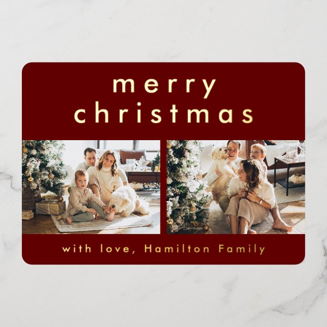 Minimalist Modern Red Merry Christmas Two Photo Foil Holiday Card (Front)