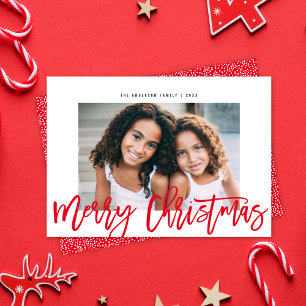 Minimalist Modern Red Script Merry Christmas Photo Holiday Card