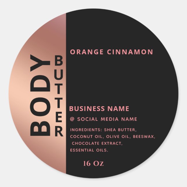 Minimalist modern rose gold black body butter classic round sticker (Front)