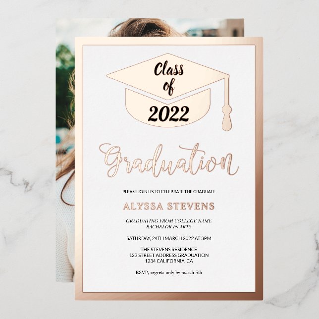 Minimalist modern rose gold graduation photo (Front/Back)