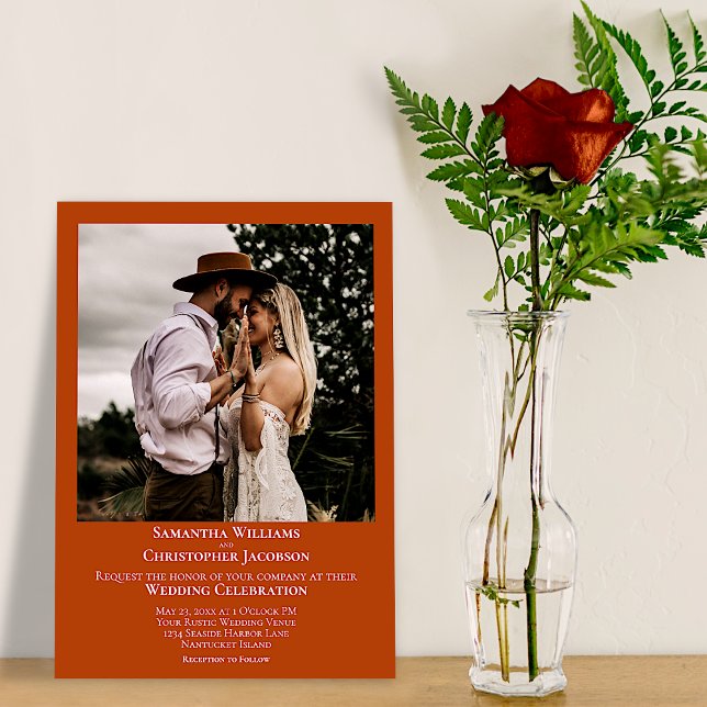Minimalist Modern Rust Orange Photo Wedding Invitation (Creator Uploaded)
