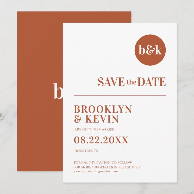Minimalist Modern Rust Terracotta Wedding Monogram Save The Date (Front/Back)