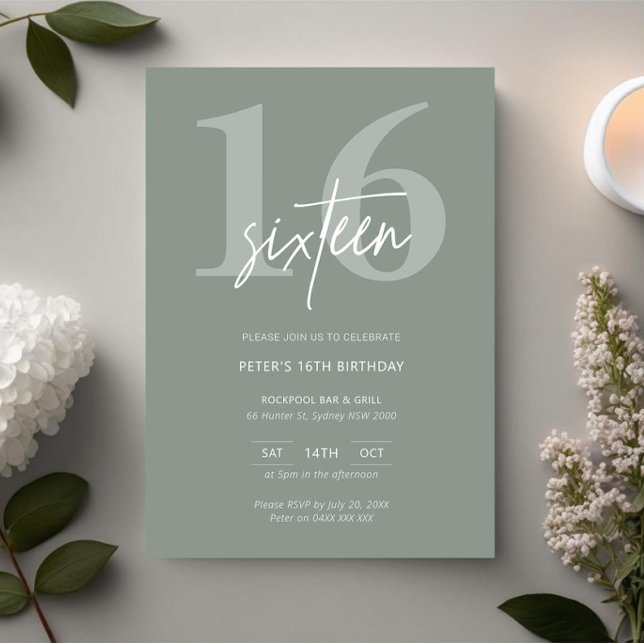 Minimalist Modern Sage 16th Birthday Party Invitation (Creator Uploaded)