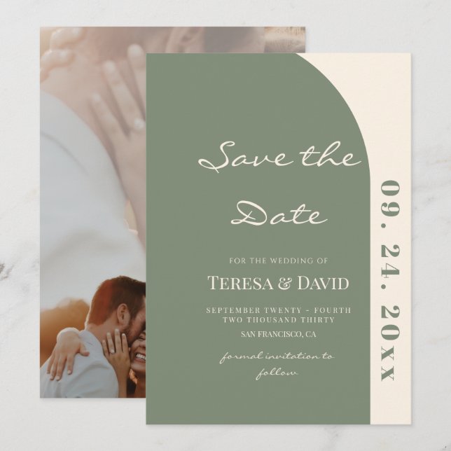 Minimalist & Modern Sage Green Ivory Wedding Save The Date (Front/Back)
