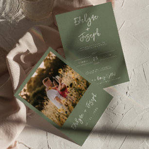 Minimalist Modern Sage Green Photo Boho  Wedding Invitation