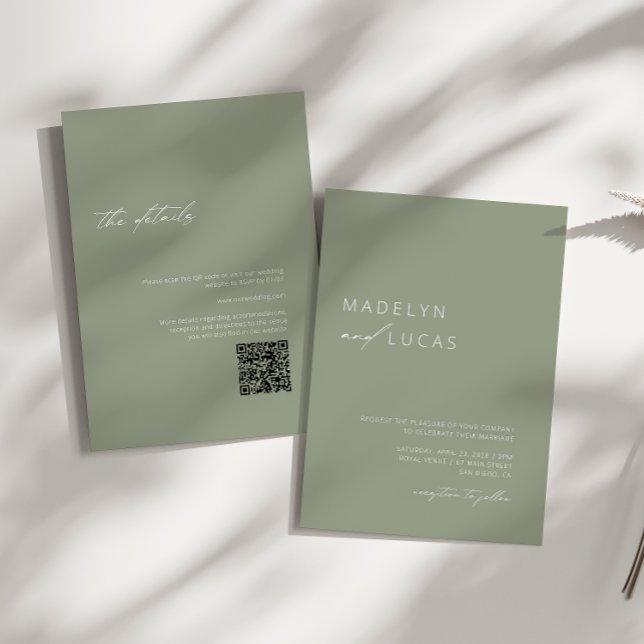 Minimalist Modern Sage Green QR Code Wedding  Invitation (Creator Uploaded)