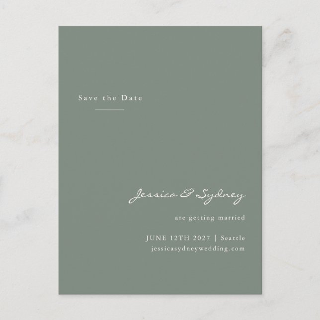 Minimalist Modern Sage Green Script Save The Date Postcard (Front)