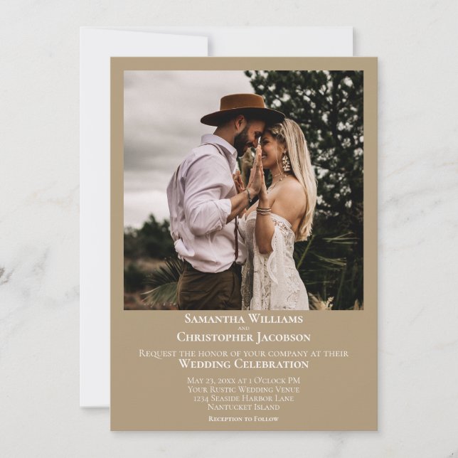 Minimalist Modern Sandy Tan Photo Wedding Invitation (Front)