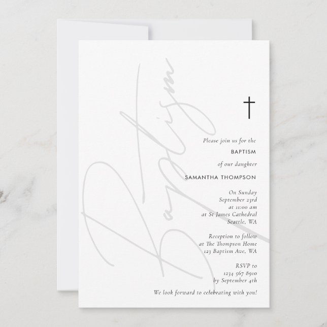 Minimalist Modern Script Baptism Christening Invitation (Front)