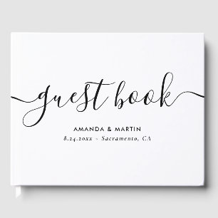 Minimalist Modern Script Black and White Wedding Guest Book