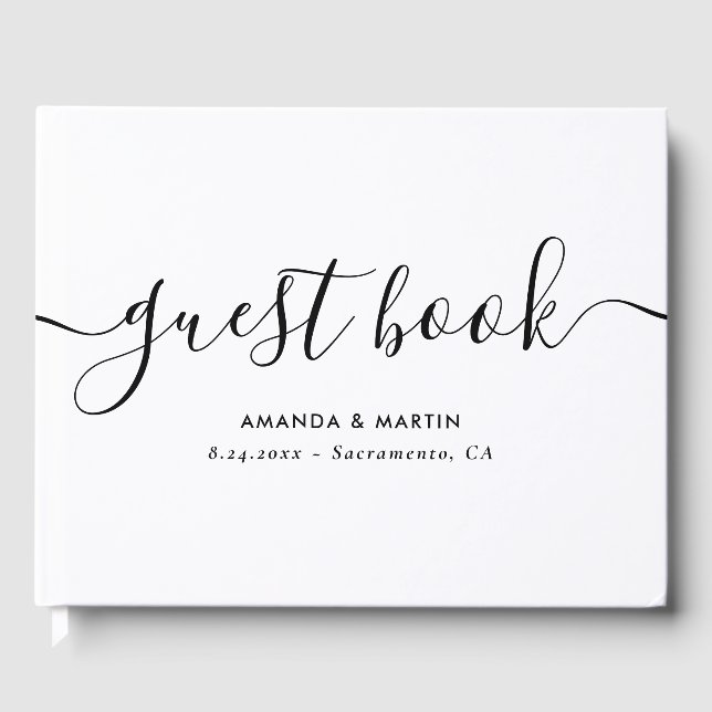Minimalist Modern Script Black and White Wedding Guest Book (Front)