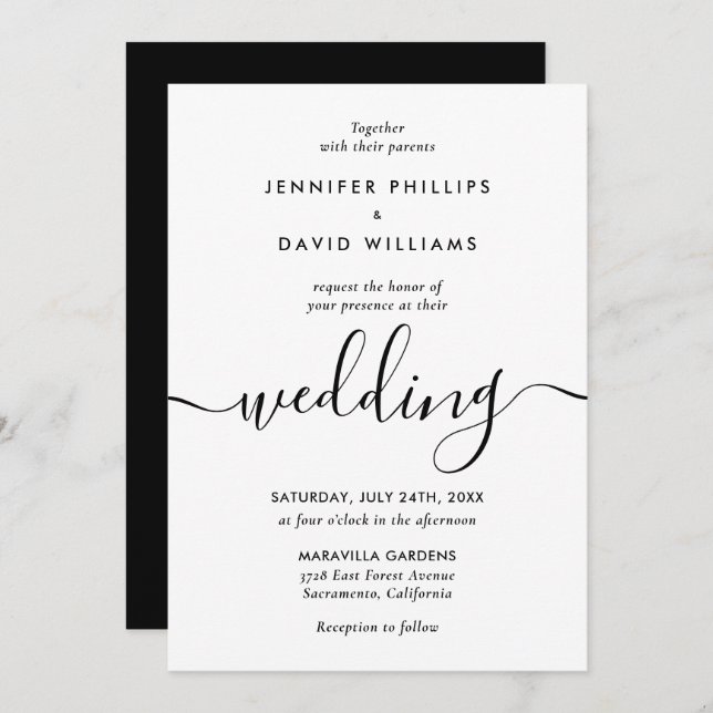 Minimalist Modern Script Black and White Wedding Invitation (Front/Back)
