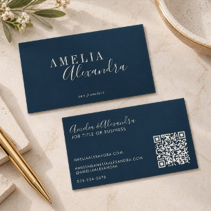 Minimalist Modern Script Boho Chic Navy Blue QR Business Card