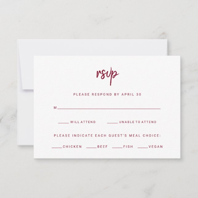Minimalist Modern Script | Burgundy Meal Choice RSVP Card (Front)
