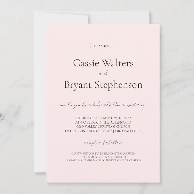 Minimalist Modern Script Chic Blush Pink Wedding Invitation (Front)