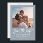 Minimalist Modern Script Dusty Blue Chic Photo Save The Date<br><div class="desc">Minimalist Modern Save the Date announcement with trendy white brush script hand lettered typography on dusty blue with your personal photo alongside your names and date of the wedding.</div>