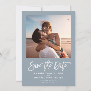 Minimalist Modern Script Dusty Blue Chic Photo Save The Date