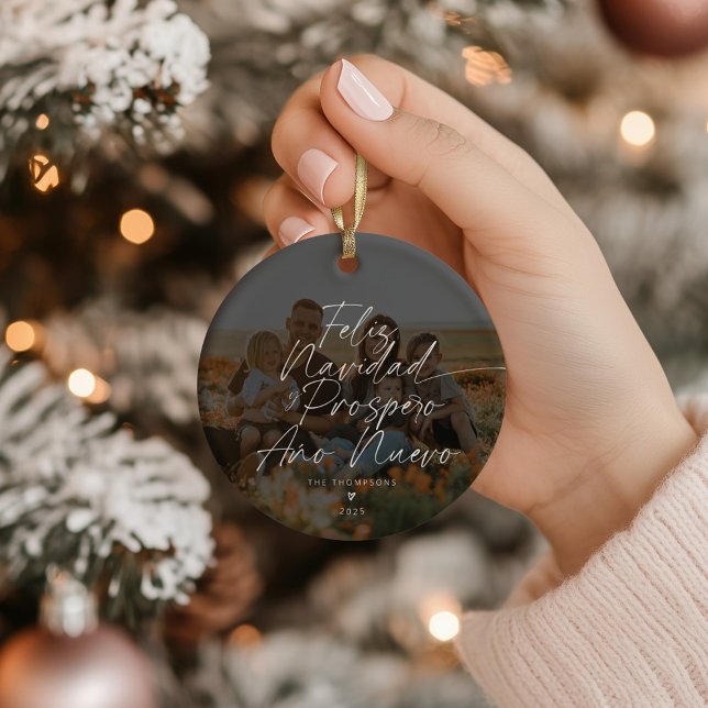 Minimalist Modern Script Feliz Navidad Photo Ceramic Tree Decoration (Creator Uploaded)