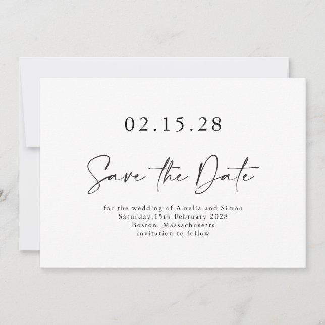 Minimalist Modern Script Font Black White Simple Save The Date (Front)