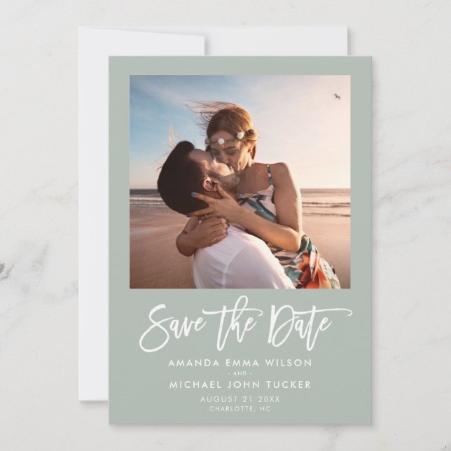 Minimalist Modern Script Greenery Chic Photo Save The Date (Front)