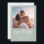 Minimalist Modern Script Greenery Chic Photo Save The Date<br><div class="desc">Minimalist Modern Save the Date announcement with trendy white brush script hand lettered typography on dusty green with your personal photo alongside your names and date of the wedding.</div>