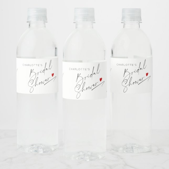 Minimalist modern script heart Bridal shower Water Bottle Label (Bottles)