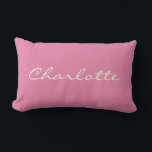 Minimalist Modern Script in Pink Personalised    Lumbar Cushion<br><div class="desc">This custom throw pillow features your name in beautiful handwritten script lettering on a stylish pink background. Great gift idea.</div>