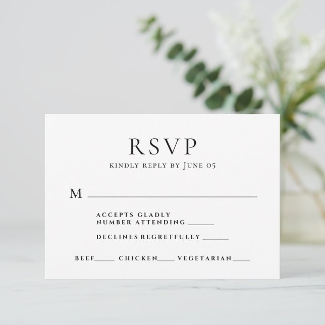 Minimalist Modern Script Meal Choice Wedding RSVP Card (Standing Front)