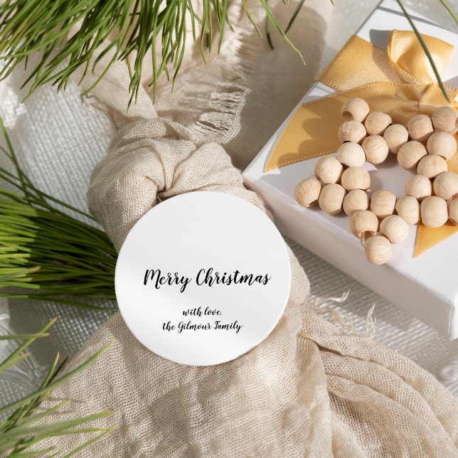 Minimalist Modern Script Merry Christmas Holiday Classic Round Sticker (Creator Uploaded)