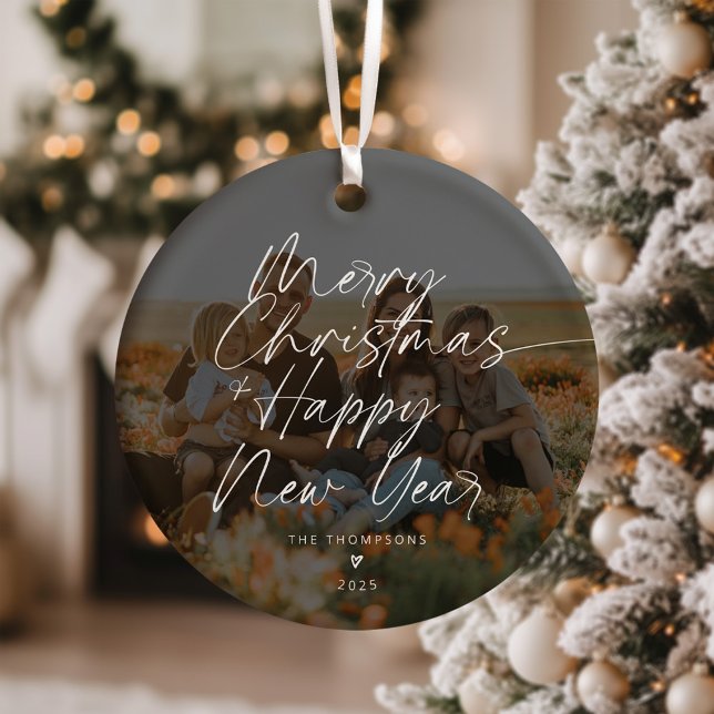 Minimalist Modern Script Merry Christmas Photo Ceramic Tree Decoration (Creator Uploaded)