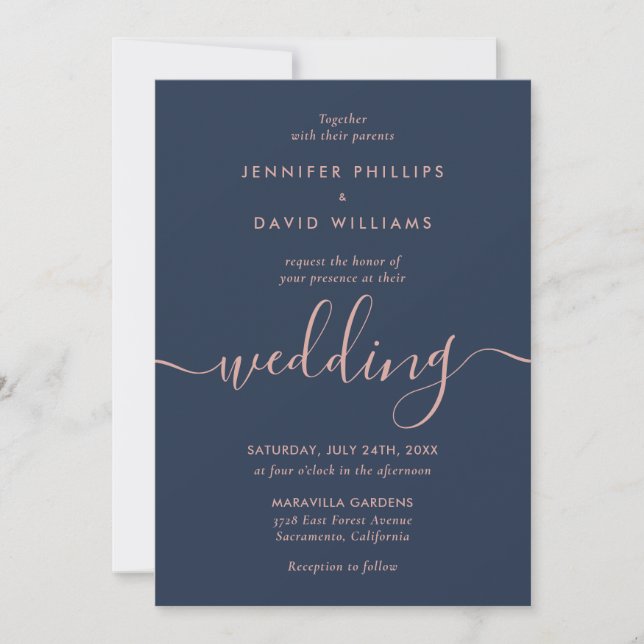 Minimalist Modern Script Navy and Blush Wedding Invitation (Front)