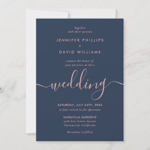 Minimalist Modern Script Navy and Blush Wedding Invitation