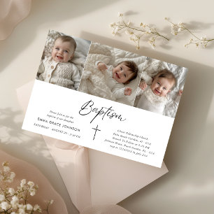 Minimalist Modern Script Photo Collage Baptism Invitation