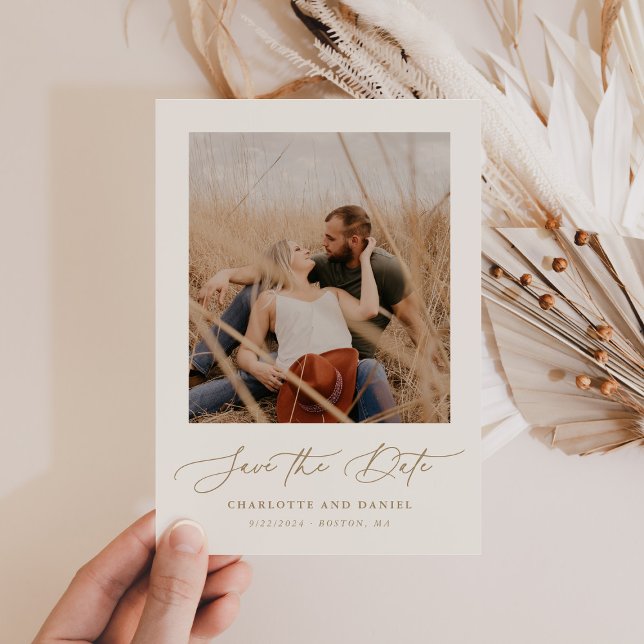 Minimalist Modern Script Photo Frame Beige Gold Save The Date (Creator Uploaded)
