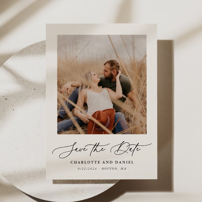 Minimalist Modern Script Photo Frame Beige Save The Date (Creator Uploaded)