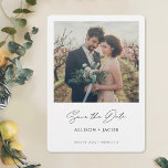 Minimalist Modern Script Photo Save the Date<br><div class="desc">This simple, modern photo wedding save the date flat card has a clean, fresh minimalist design. The front features a lively modern Save the Date text in black below your photo and your first names and date and wedding location below that. This 'save the date' script can't be altered. But...</div>