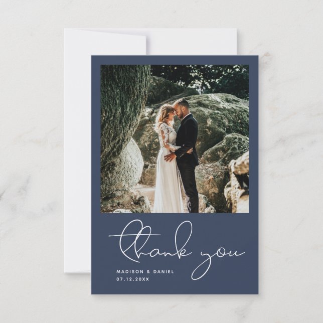 Minimalist Modern Script Photo Simple Blue Wedding Thank You Card (Front)
