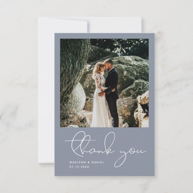 Minimalist Modern Script Photo Simple Blue Wedding Thank You Card (Front)
