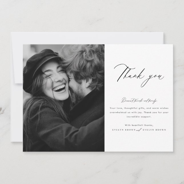 Minimalist Modern Script Photo Wedding Thank You Card (Front)
