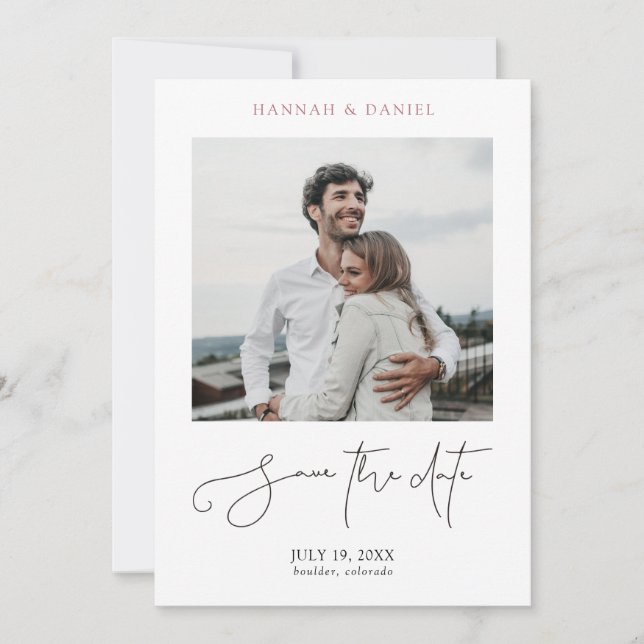 Minimalist Modern Script Rose Gold Photo Wedding Save The Date (Front)