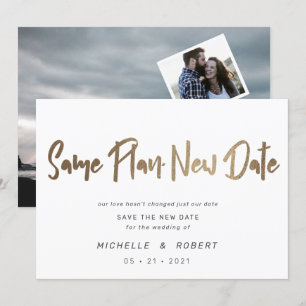 minimalist modern script two photo change the date invitation